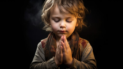 Fototapeta premium Young girl is shown in prayer with her hands together. This image can be used to depict faith, spirituality, or prayer.