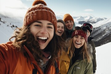 Portrait of diverse young people on snowy mountain