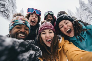 Portrait of diverse young people on snowy mountain