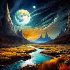 An solitary landscape with a river and mountains with a low moody full moon with golden moonlight.