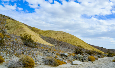 Hills in the California desert from various colored clay formations. Desert vegetation around