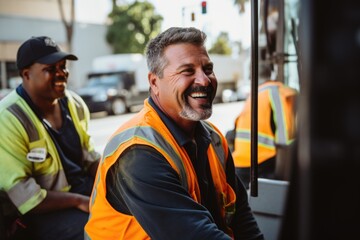 Portrait of smiling man sanitation worker by garbage truck