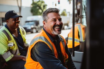Portrait of smiling man sanitation worker by garbage truck - Powered by Adobe