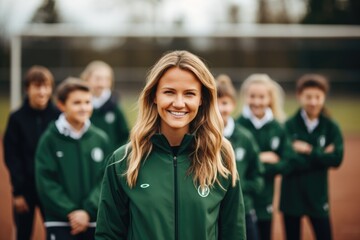 Portrait of a smiling female coach during practice with soccer team - obrazy, fototapety, plakaty