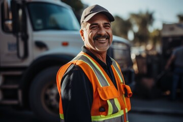 Portrait of smiling man sanitation worker by garbage truck - obrazy, fototapety, plakaty