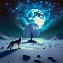 An solitary landscape with snow on the ground with a lone tree and a coyote in the foreground with a low moody full moon with blue moonlight.
