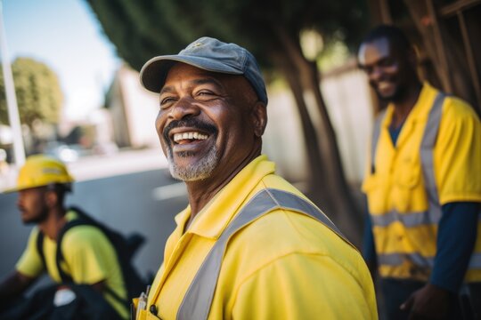 Portrait of smiling man sanitation worker by garbage truck