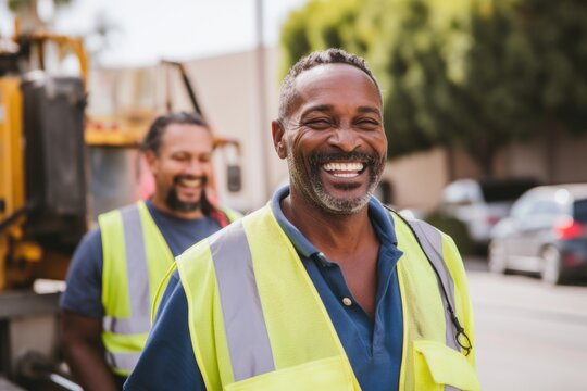Portrait of smiling man sanitation worker by garbage truck