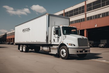 Parked commercial truck next to warehouse