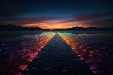 Colorful Illuminated Path Disappearing into Central Horizon Point at Night Generative AI