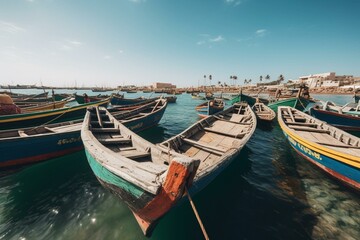 Vibrant fishing boats in bay of Ngor, Dakar, Senegal under sunny sky. Generative AI - obrazy, fototapety, plakaty