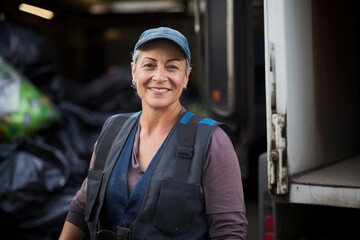 Portrait of smiling woman sanitation worker by garbage truck
