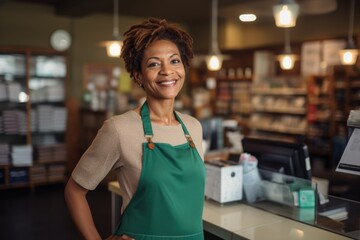 Portrait of a middle aged woman working at cash register - obrazy, fototapety, plakaty