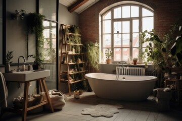 Interior of modern bathroom with green plants