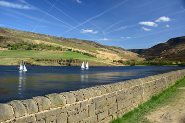 Reservoir on a sunny day with sailboats, Peak District