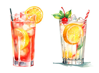 Cocktail Tom Collins, watercolor clipart illustration with isolated background.