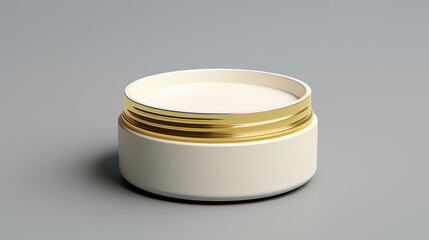 White container with gold lid resting on smooth gray surface. Perfect for showingcasing products or storing small items. .