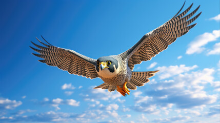 Fototapeta premium Picture of large bird flying through clear blue sky. This image can be used to depict freedom, nature, and open spaces.