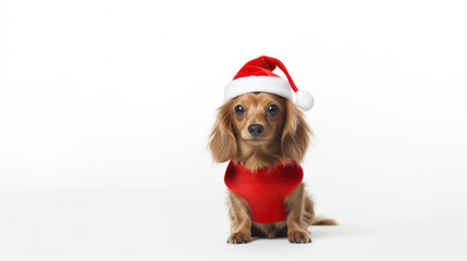 Cute dog wearing Santa hat and red shirt. Perfect for Christmas-themed designs and holiday promotions.