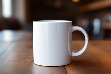 A mock-up blank white template for text or logo on coffee mugs in modern cozy interior.