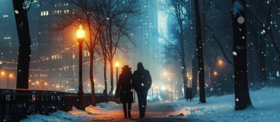 Silhouetted couple strolling in wintry cityscape. - obrazy, fototapety, plakaty