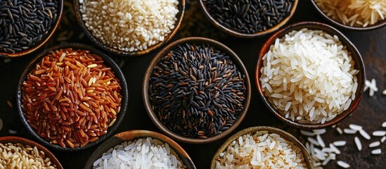 Different rice types and colors in bowls, seen from above.