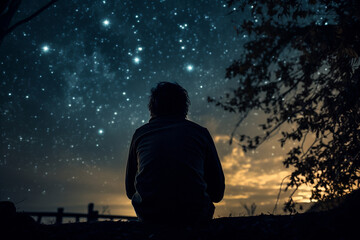 Person looks at a beautiful starry night sky with many bright flashes, practicing mindfulness, vastness of the universe