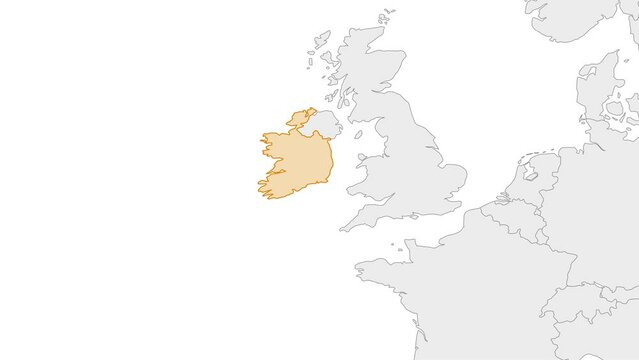 Animation of Ireland country map on the world map. Animation of map zoom in with border and marking of major cities and capital of the country Ireland. Background with alpha channel. Motion design.