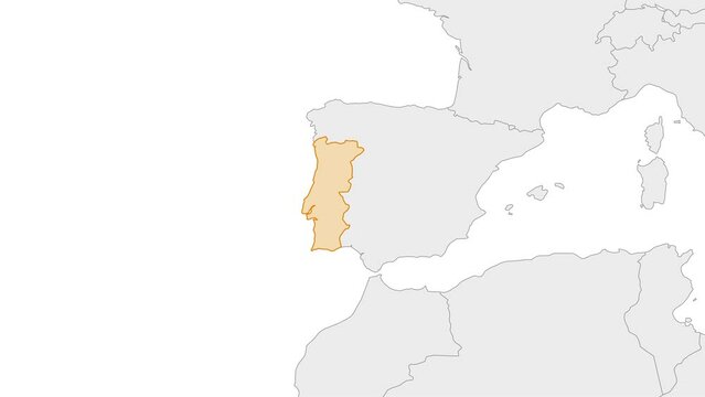Animation of Portugal country map on the world map. Animation of map zoom in with border and marking of major cities and capital of the country Portugal. Background with alpha channel.