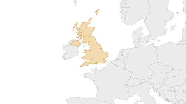 Animation of Great Britain country map on the world map. Animation of map zoom in with border and marking of major cities and capital of the country Unoted Kingdom. Background with alpha channel.