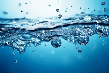 Blue water background adorned with bubbles and glistening water surface