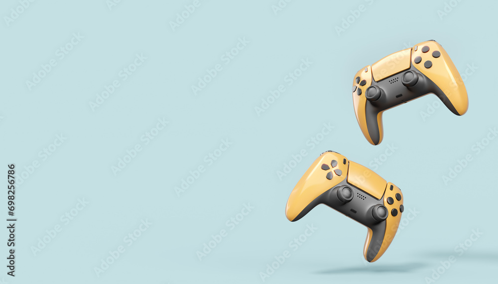 Wall mural realistic yellow video game joysticks or gamepads on grey background