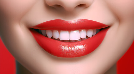 Fototapeta premium A charming woman's smile with perfect lips and dazzling white teeth. Concept of health and dental hygiene. Modern dentistry. Close-up
