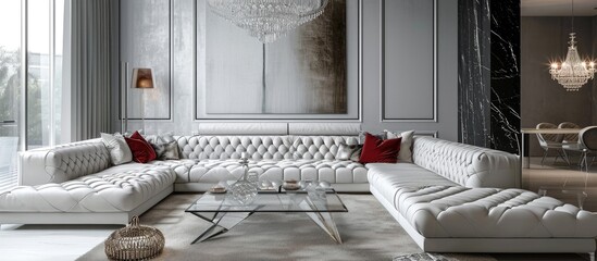 Quilted corner sofa and elegant glass coffee/dining table in a glamorous white and gray living room.
