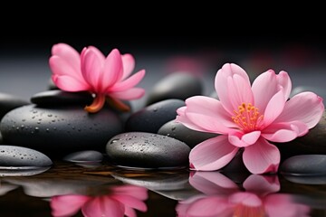 Fototapeta na wymiar Zen stone with pink flower, creating a harmonious and serene scene