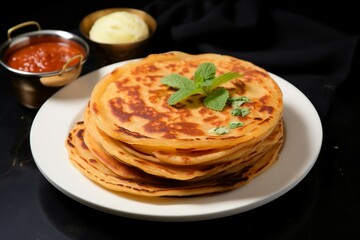Breakfast delight paratha, canai, or roti Maryam served on plate
