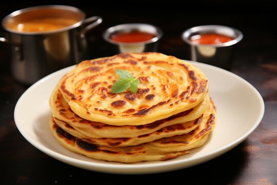 Delicious morning paratha, canai, or roti Maryam on a plate