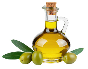 Delicious olive oil in a glass bottle and green olives with leaves - isolated on transparent background
