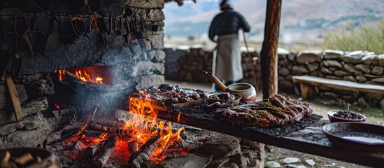 Traditional Gaucho asado in Patagonia, Argentina, South America, with rustic lamb barbecue over open fire. - obrazy, fototapety, plakaty