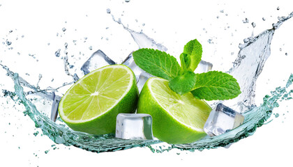 Fresh limes, mint leaves, ice cubes and water splashes - isolated on transparent background