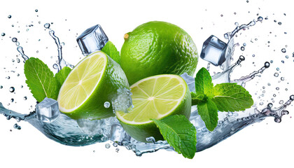 Fresh limes, mint leaves, ice cubes and water splashes - isolated on transparent background - Powered by Adobe