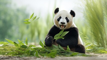 Obraz premium a panda bear sitting on the ground eating a leafy green plant with its mouth open and it's tongue out.