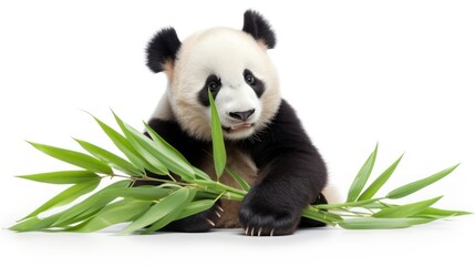  a panda bear sitting on top of a pile of green leafy plants and looking at the camera with a sad look on his face.