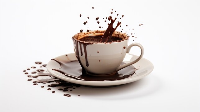 a cup of coffee with a saucer and saucer on a saucer with chocolate splashing out of it.