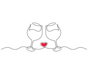 Continuous one line drawing of cheers two glasses with champagne and hearts