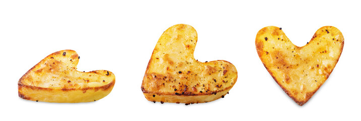Roasted potato in the form of heart for Valentine's day on a white isolated background