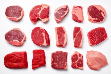 Set of different raw steaks, top view, isolated on white - obrazy, fototapety, plakaty