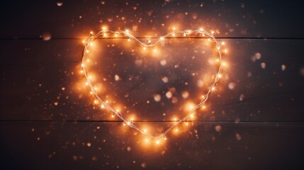  a heart - shaped string of lights on a wooden background with boke of lights in the shape of a heart.