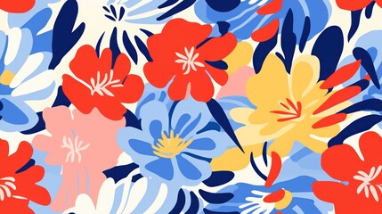  a blue, yellow, red and pink flower pattern on a white background with blue, red, yellow, and pink flowers.