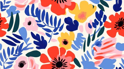  a colorful floral pattern with blue, red, yellow, pink and green leaves and flowers on a white background.